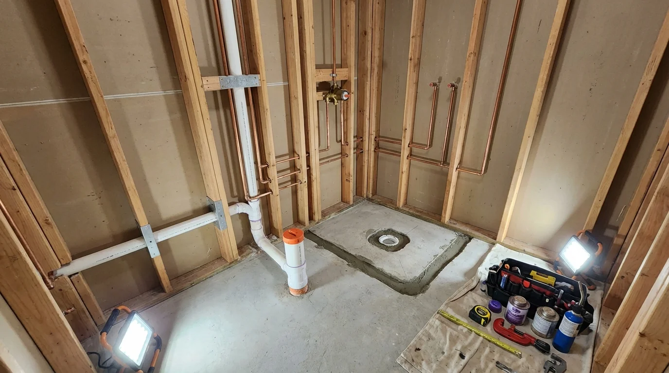 Bathroom rough-in plumbing during remodel by Johns Plumbing LLC in North Arlington