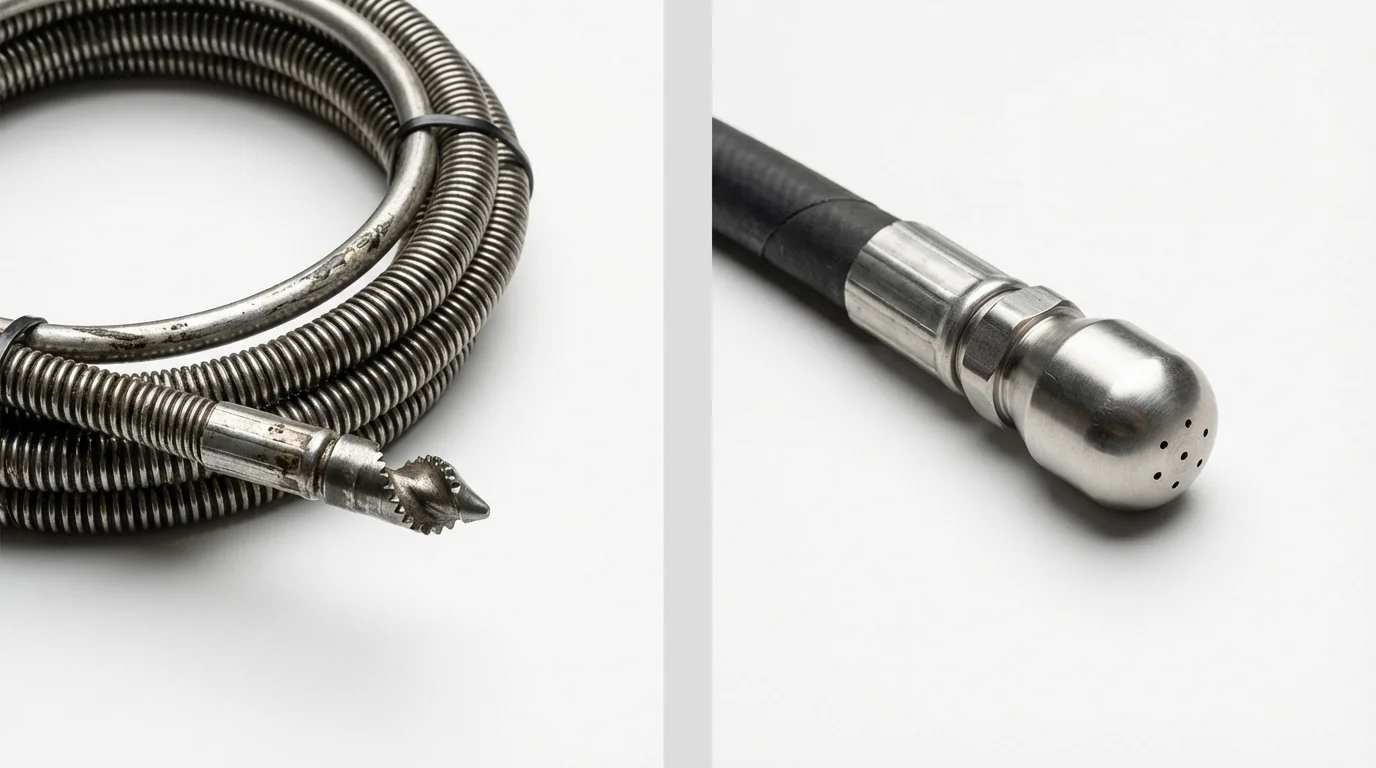 Drain snake cable and hydro jetting nozzle used for drain cleaning in North Arlington, NJ