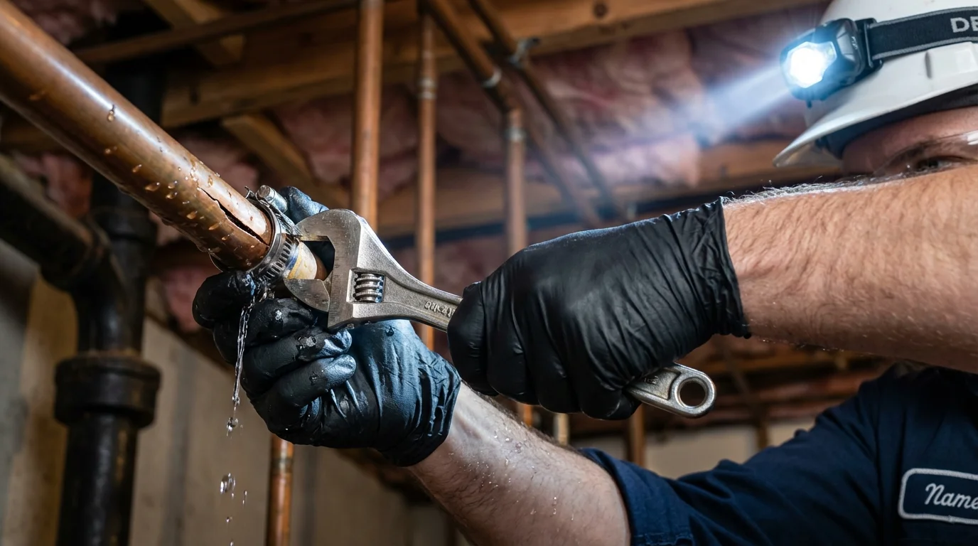 Emergency pipe clamp repair being performed by a Johns Plumbing LLC plumber in North Arlington