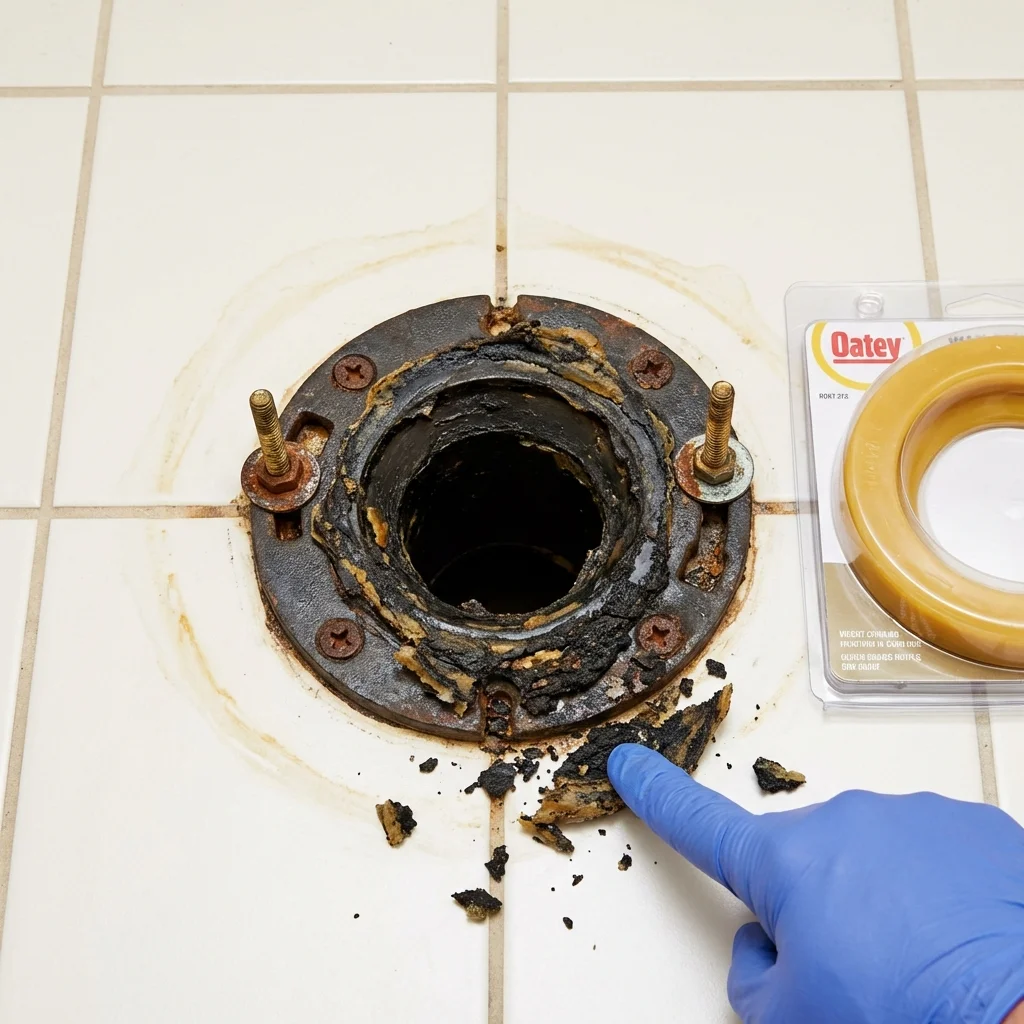 Failed wax ring showing water seepage at the base of a toilet in a North Arlington, NJ home