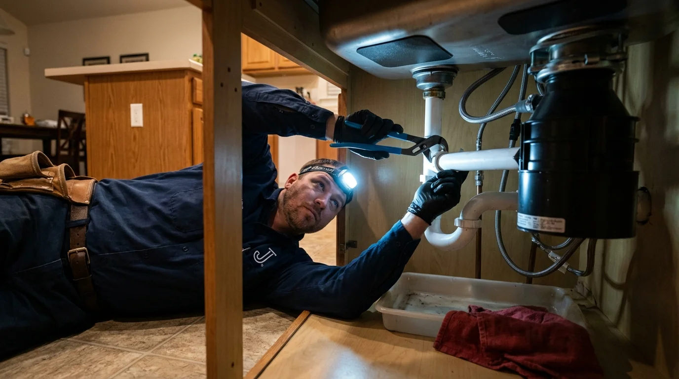 P-trap and supply line connections under a kitchen sink showing a common leak point in North Arlington, NJ